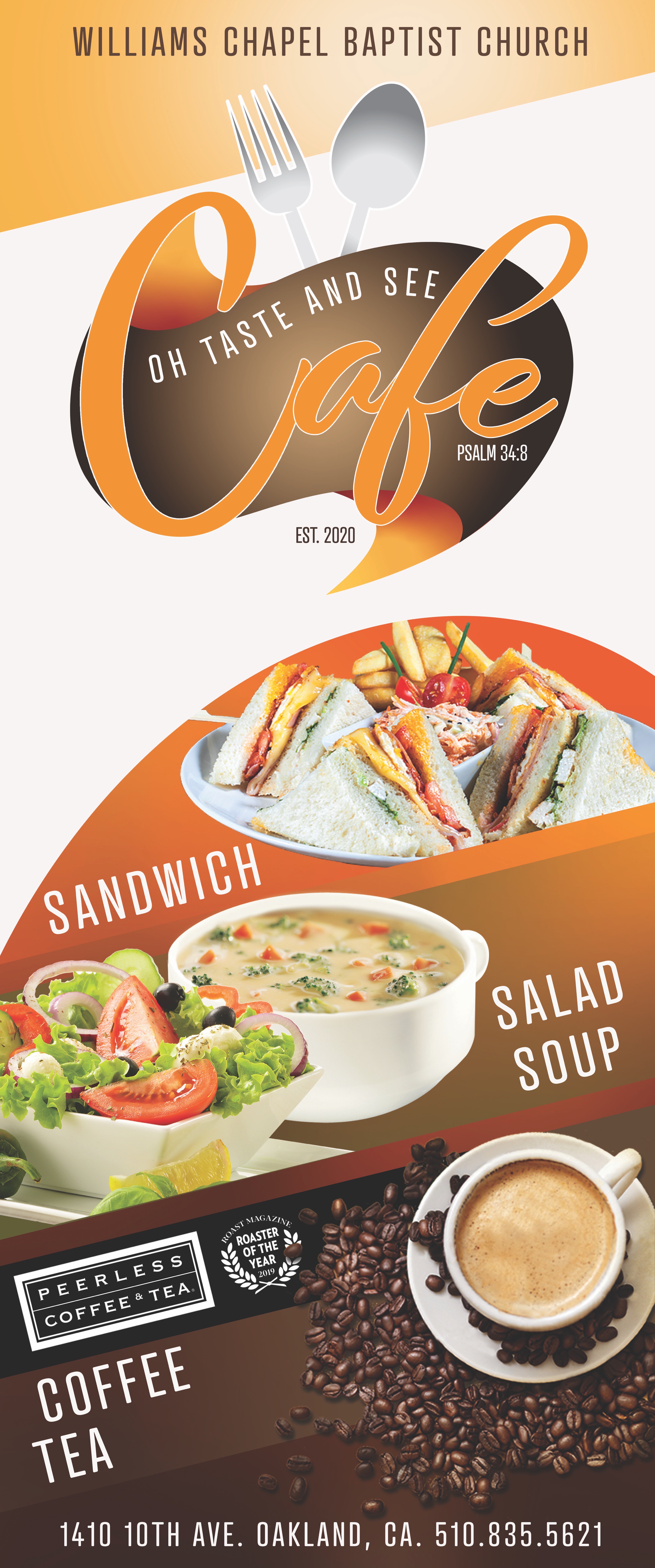 Oh Taste and See Café flyer showing sandwiches, salad, soup, coffee and tea