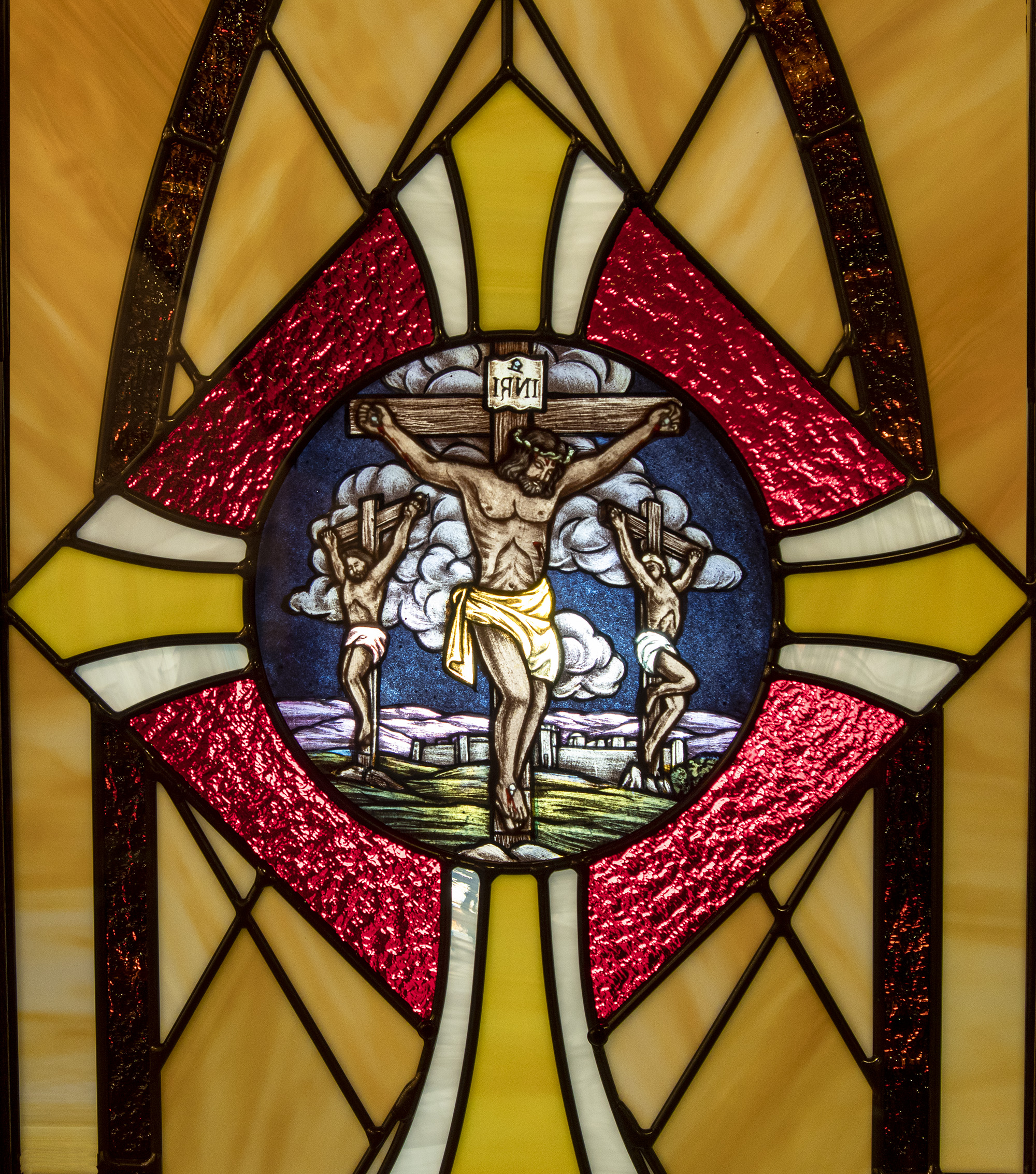 Stained glass depicting the crucifixion